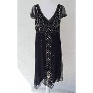 SCALA Vintage Black with Sequin & Beaded V-Neck Dress Size 10